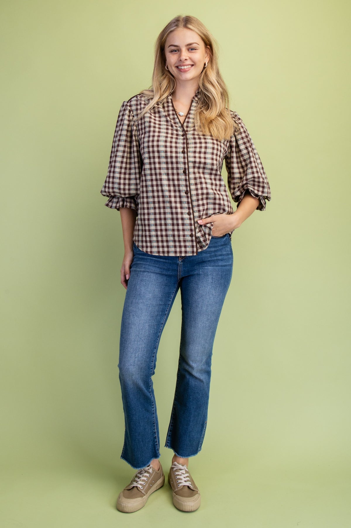 Check Print Button Down Balloon Sleeve Blouse