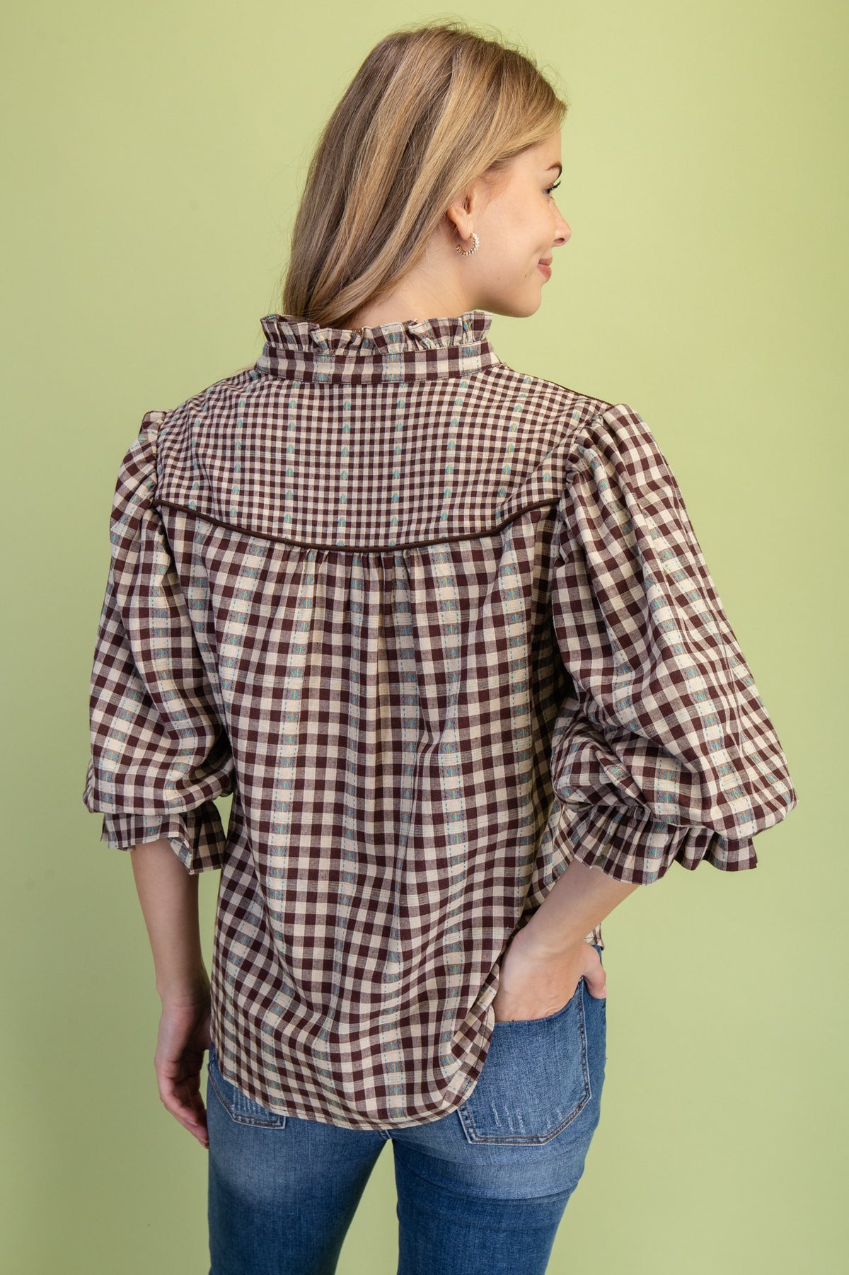 Check Print Button Down Balloon Sleeve Blouse