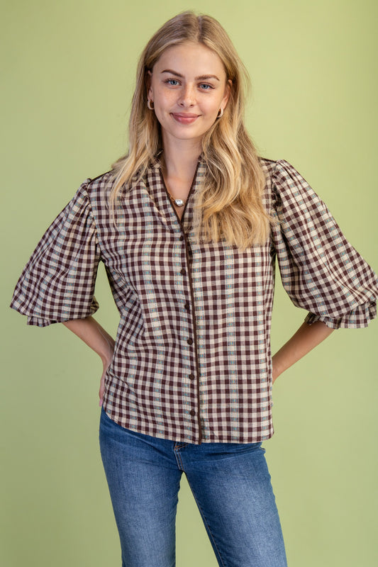 Check Print Button Down Balloon Sleeve Blouse