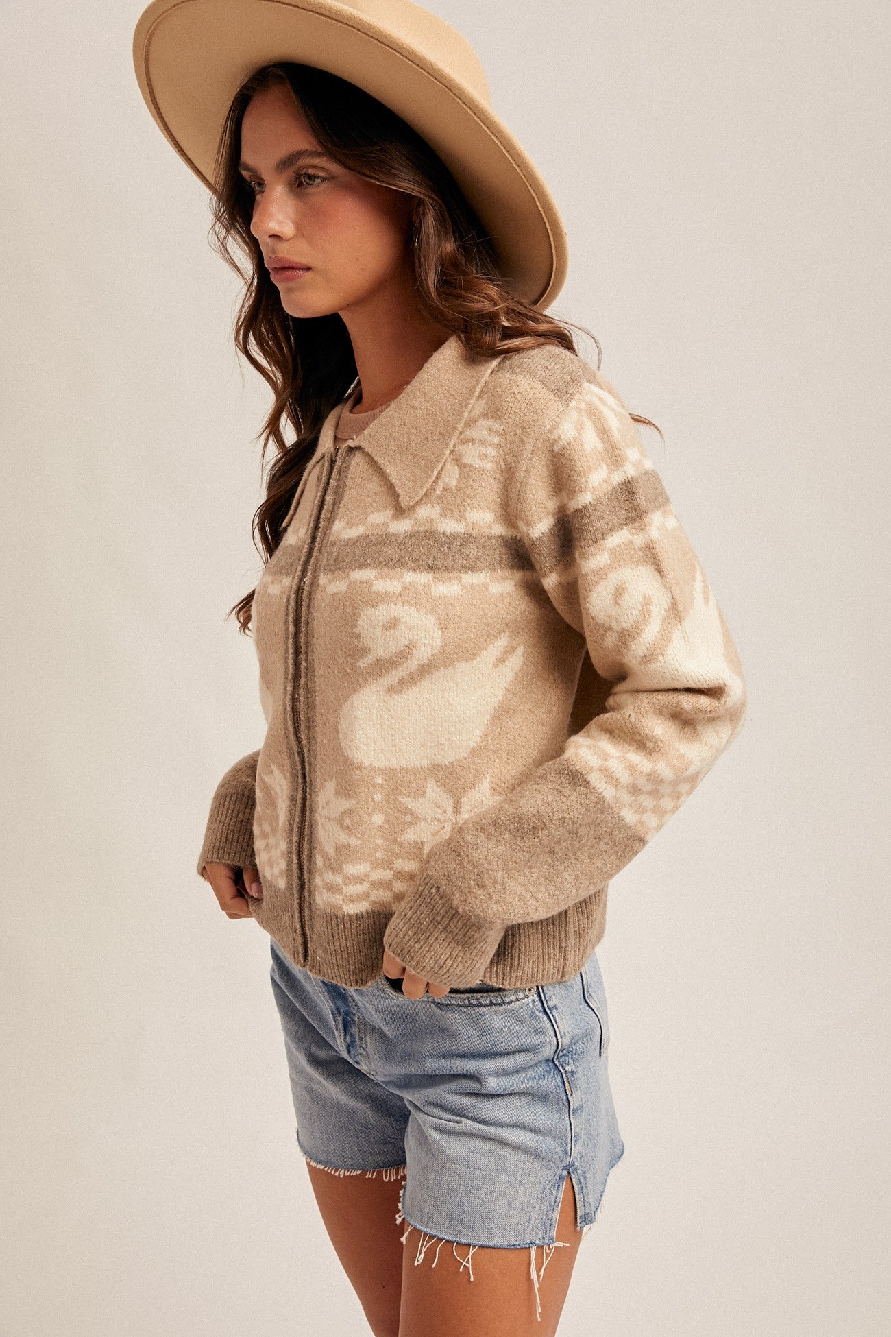 Swan Motif Zip-Up Sweater