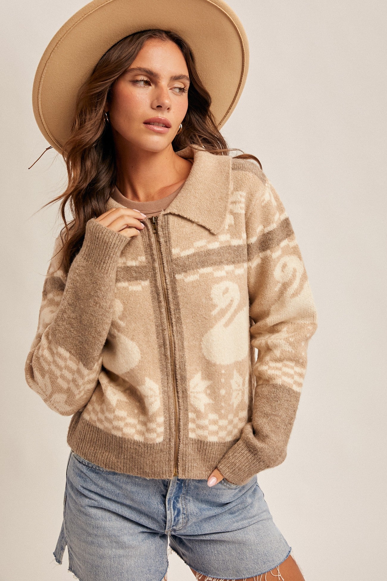 Swan Motif Zip-Up Sweater