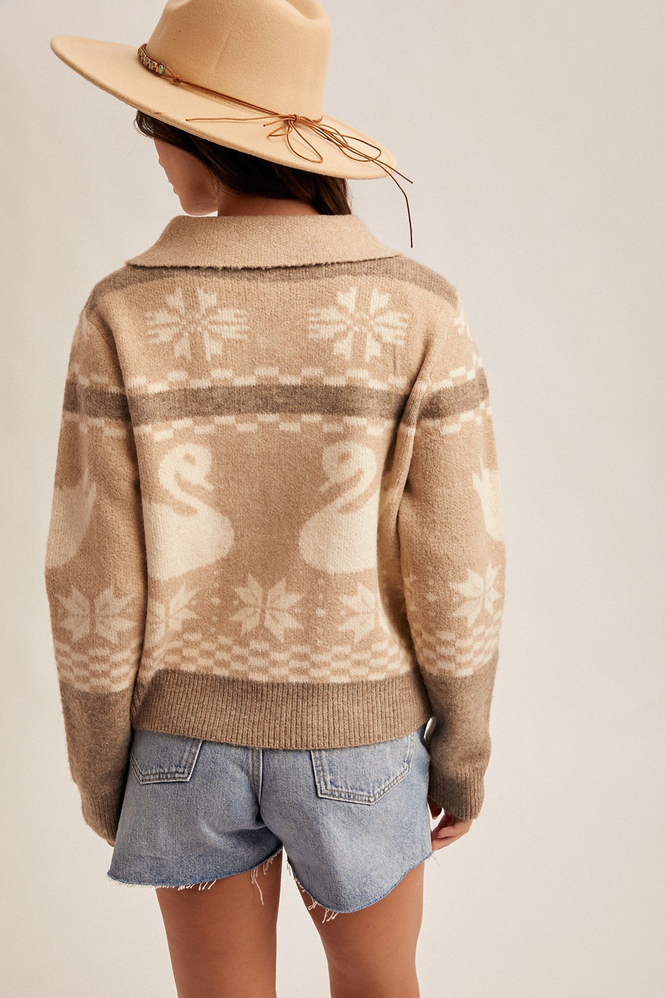 Swan Motif Zip-Up Sweater