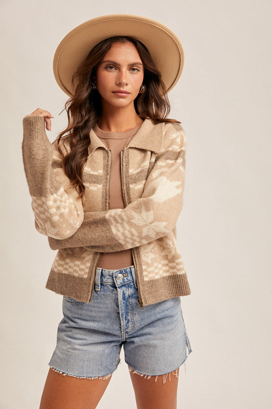 Swan Motif Zip-Up Sweater