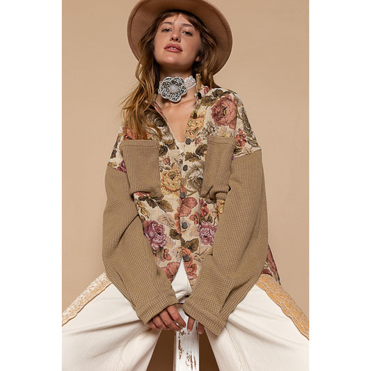 Latte Mocha Contrast Sleeves Button Down Floral Print Shacket