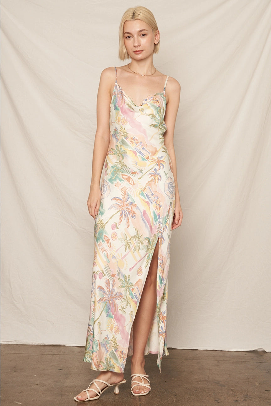 Beachy Print Sleeveless Cowl Neck Maxi Dress