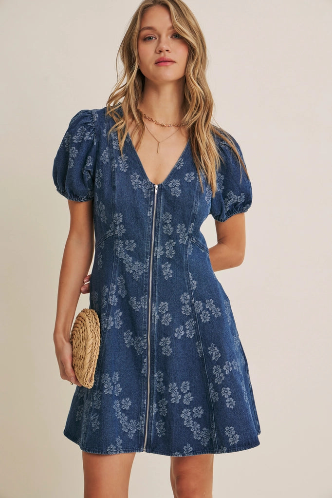 Mineral-Washed Floral Denim Fit and Flare Mini