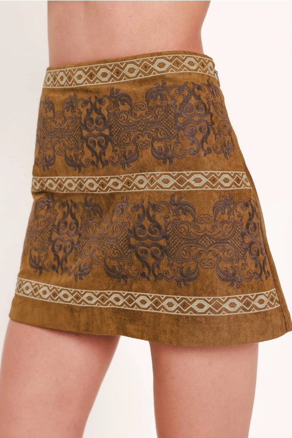 Faux Suede Embroidered Panel Mini Skirt