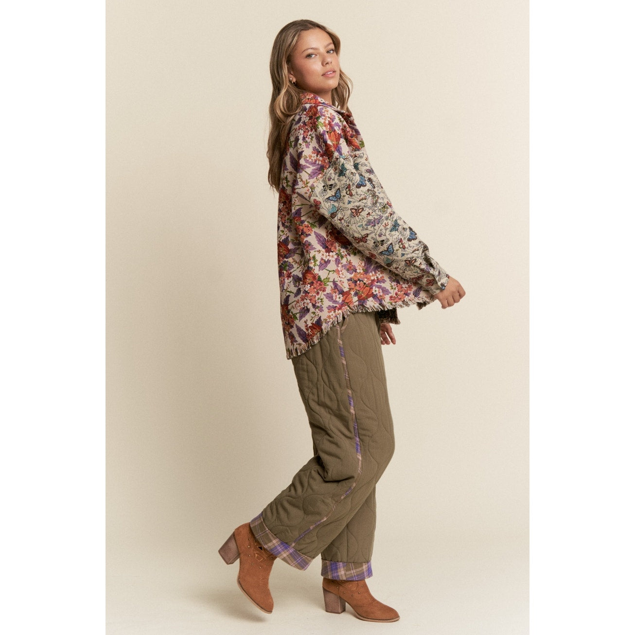 Violet Copper Butterfly and Floral Print Button Down Jacket