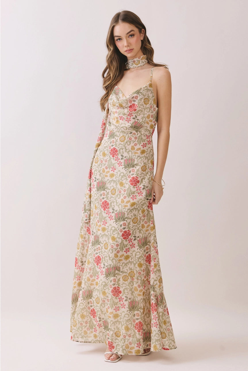 Floral Print Scarf Neck Cowl Maxi Dress