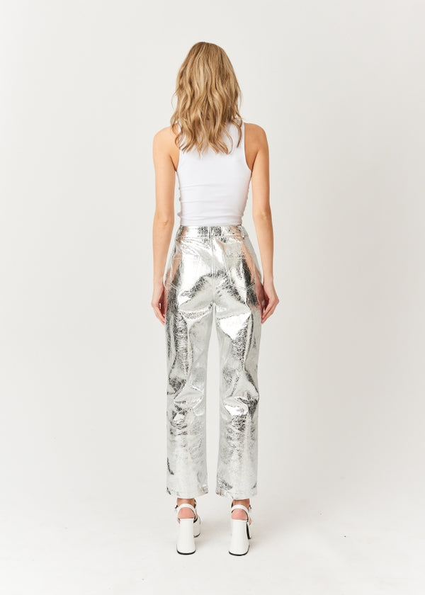 Amy Lynn Lupe High Waist Faux Leather Metallic Textured Pants in Silver