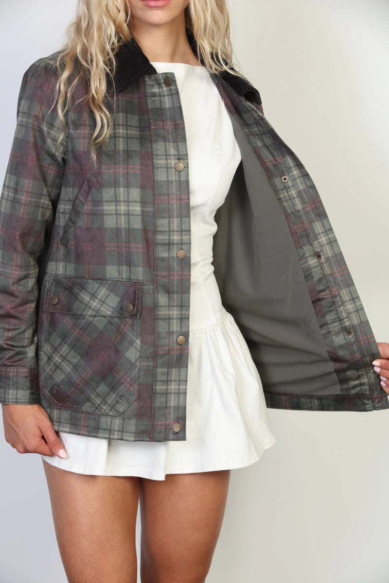 Plaid Waxed Corduroy Collar Barn Jacket