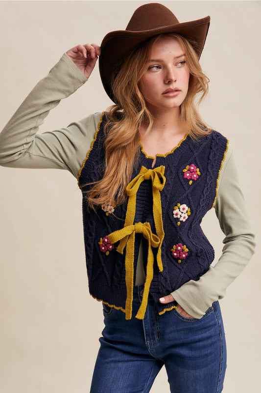 Navy Bow-Tie Floral Knit Vest