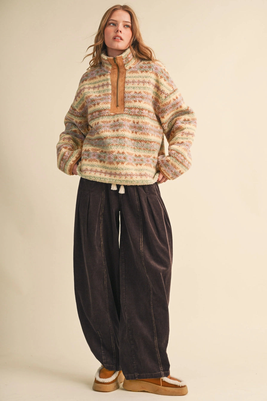 Faux Sherpa Aztec Pattern Half Zip Pullover