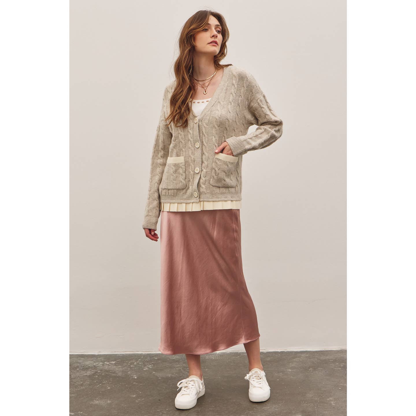 Oatmeal Button-Down Cable Knit Sweater Cardigan