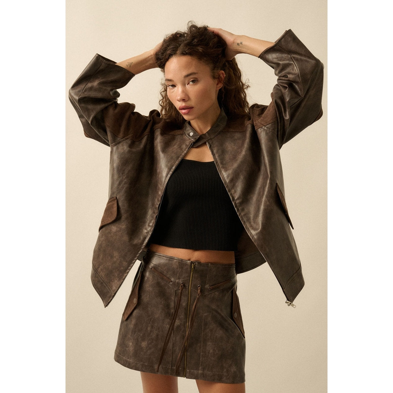 Espresso Faux Leather and Suede Barrel-Sleeve Jacket