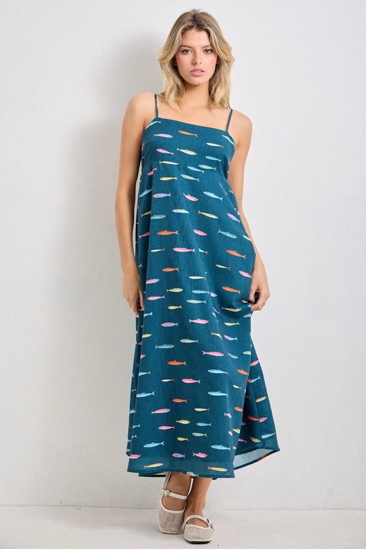 Teal Fish Print Sleeveless Midi Dress