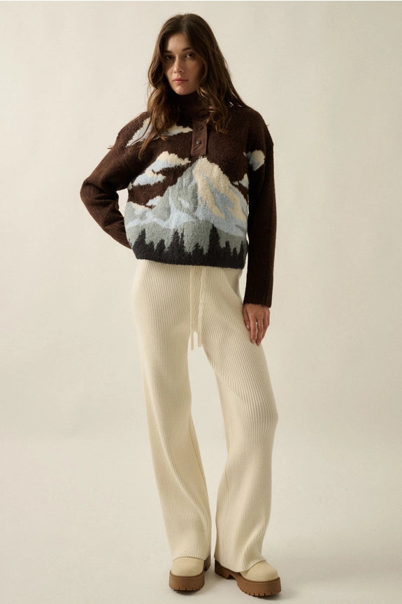 Chocolate Jacquard-Knit Landscape Quarter-Zip Pullover Sweater Jacket