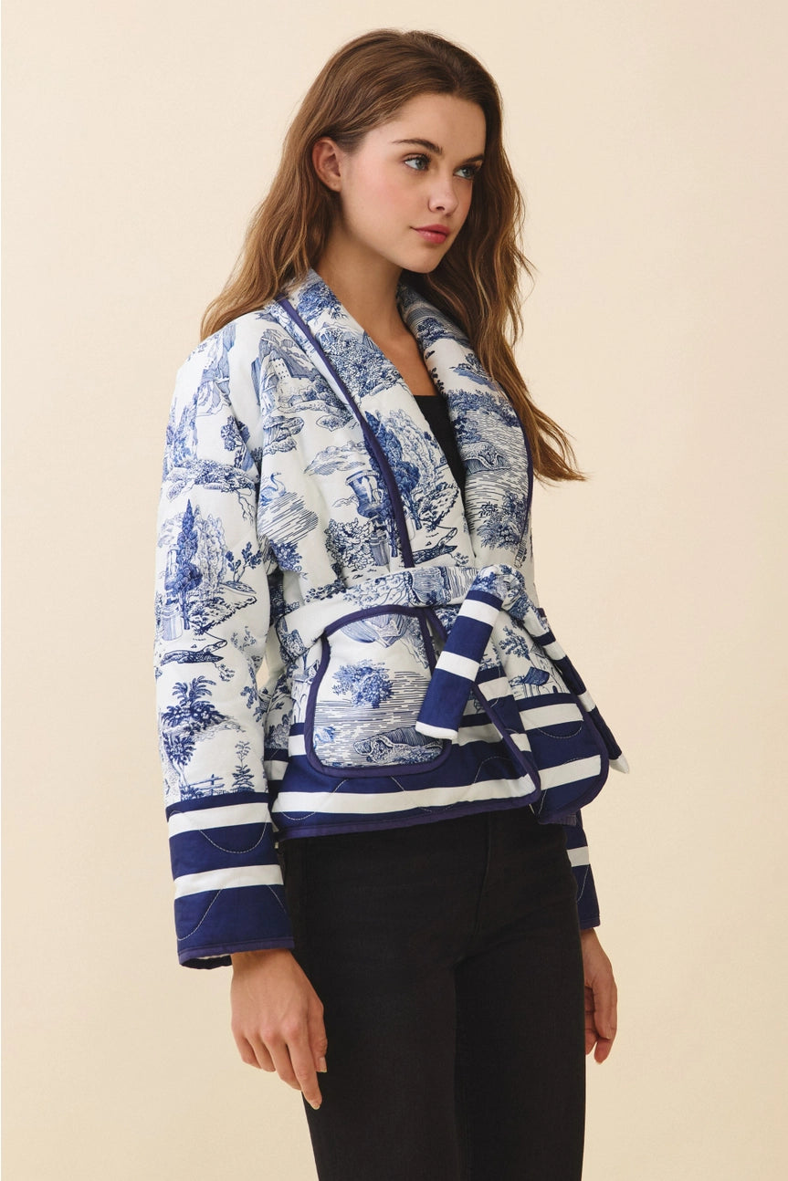 Toile Print Striped Accents Detachable Belt Jacket