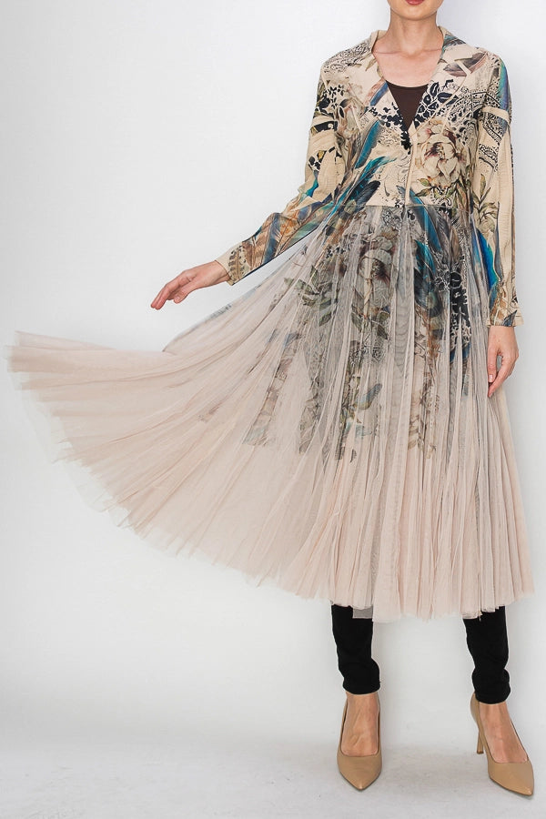 Blue Abstract Longline Blazer Jacket with Mesh Tulle Panel