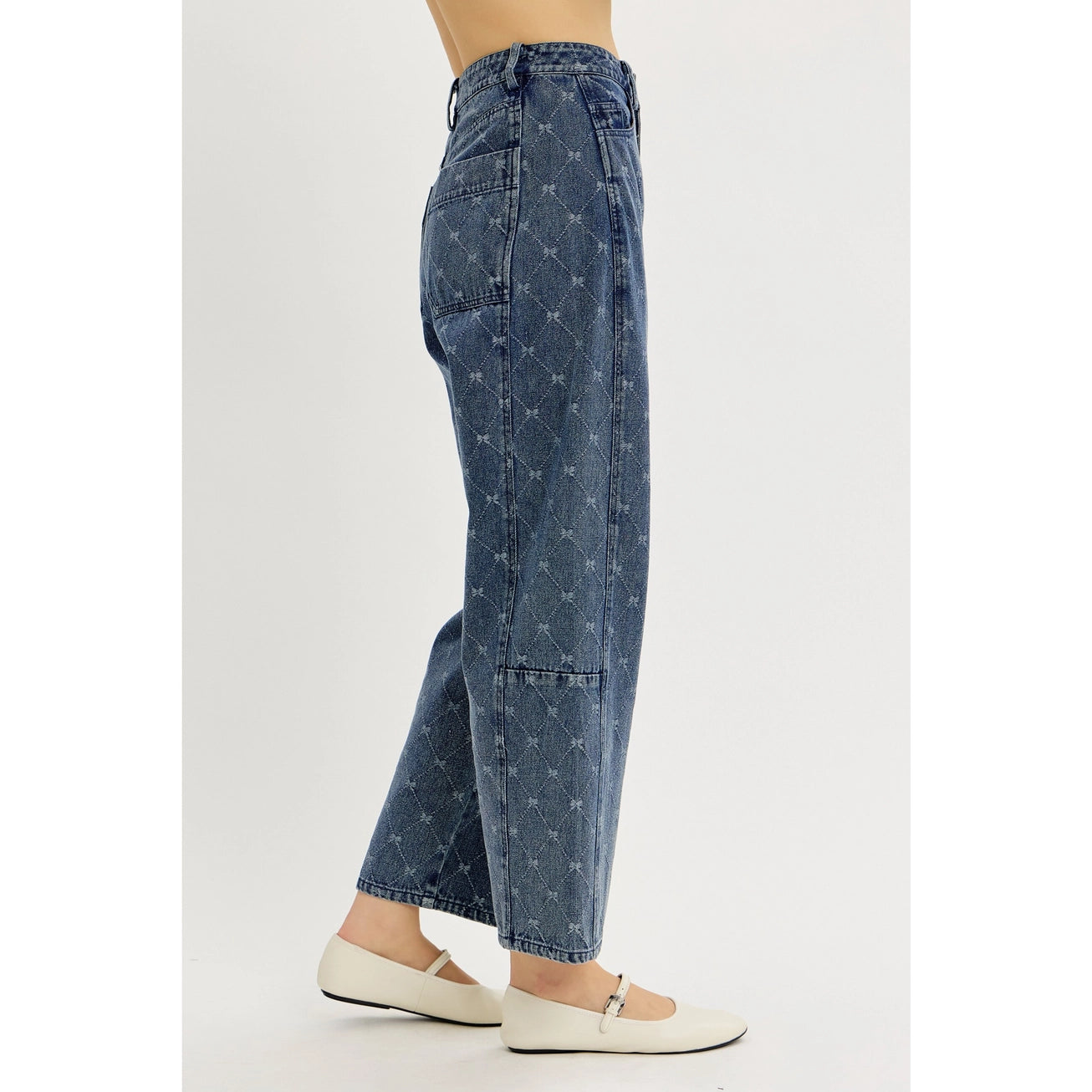 Washed Denim Barrel Pants in Bow-Textured Detail