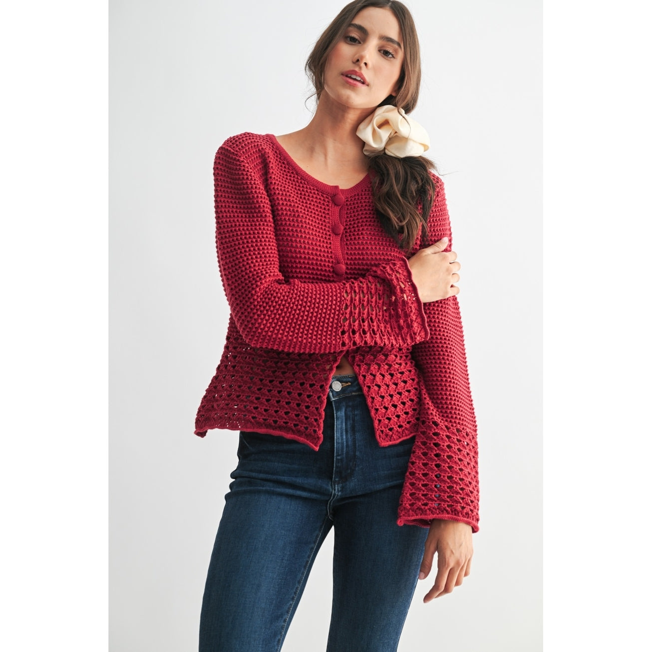 Crimson Red Crochet Cardigan