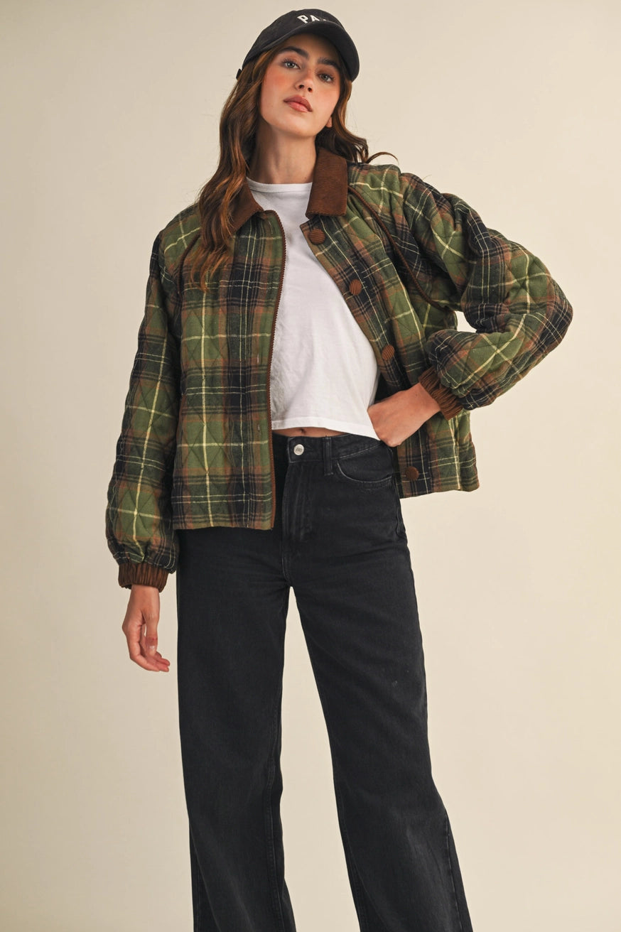 Plaid Quilted Jacket with Corduroy Detail
