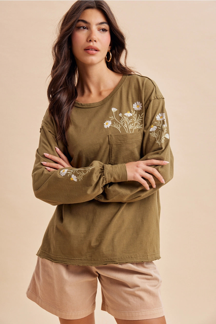 Embroidered Long Sleeve Pullover - Burnt Olive