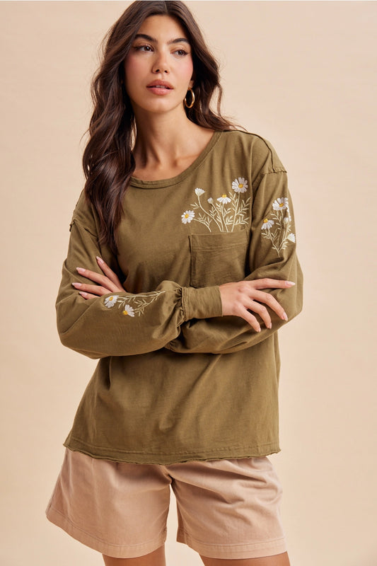 Embroidered Long Sleeve Pullover - Burnt Olive