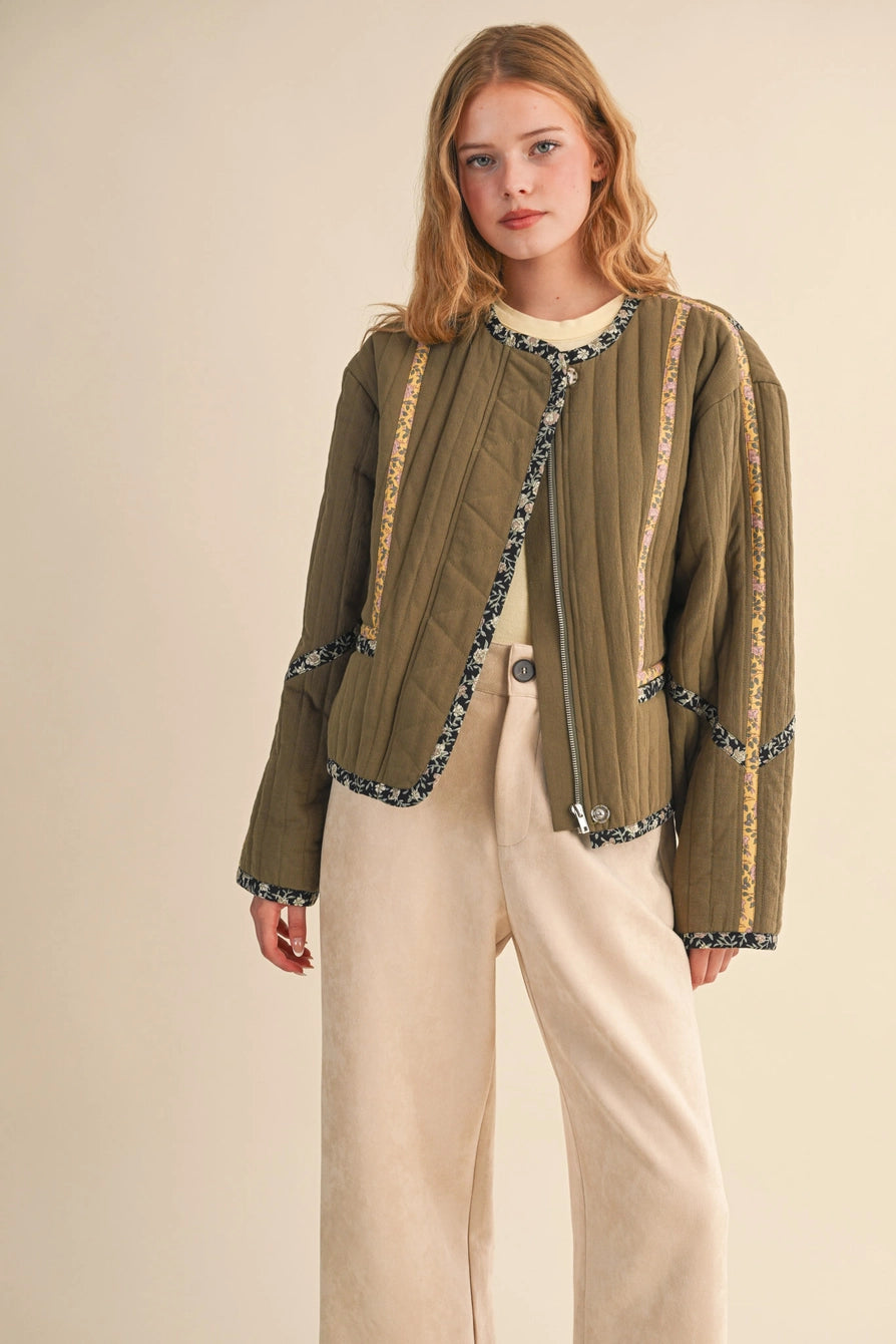Olive Quilted Jacket with Contrast Binding Detail