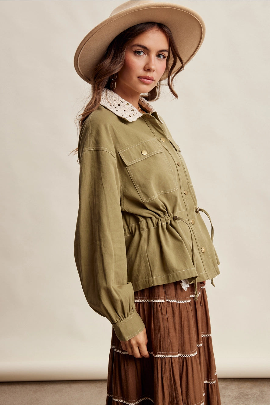Olive Crochet Collar Utility Jacket