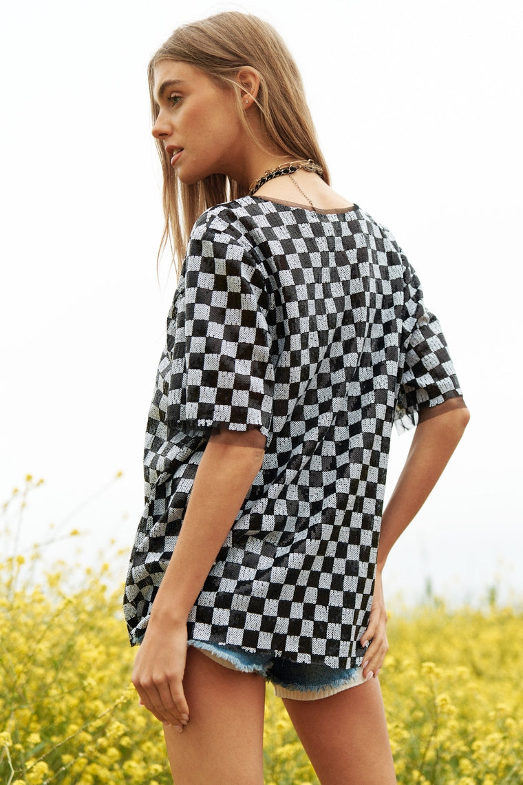 Sequin Checkerboard Straight Short Sleeve Top in Black / White