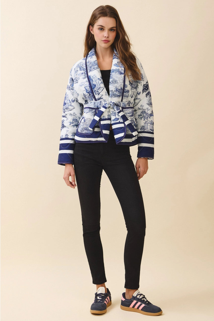 Toile Print Striped Accents Detachable Belt Jacket