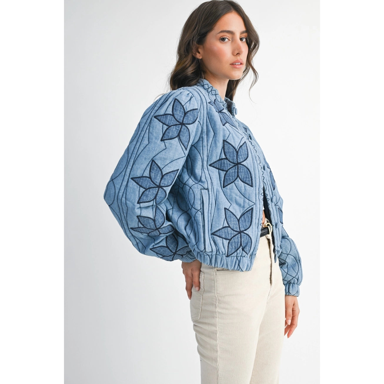 Washed Blue Embroidered Quilted Bomber Stitching Jacket