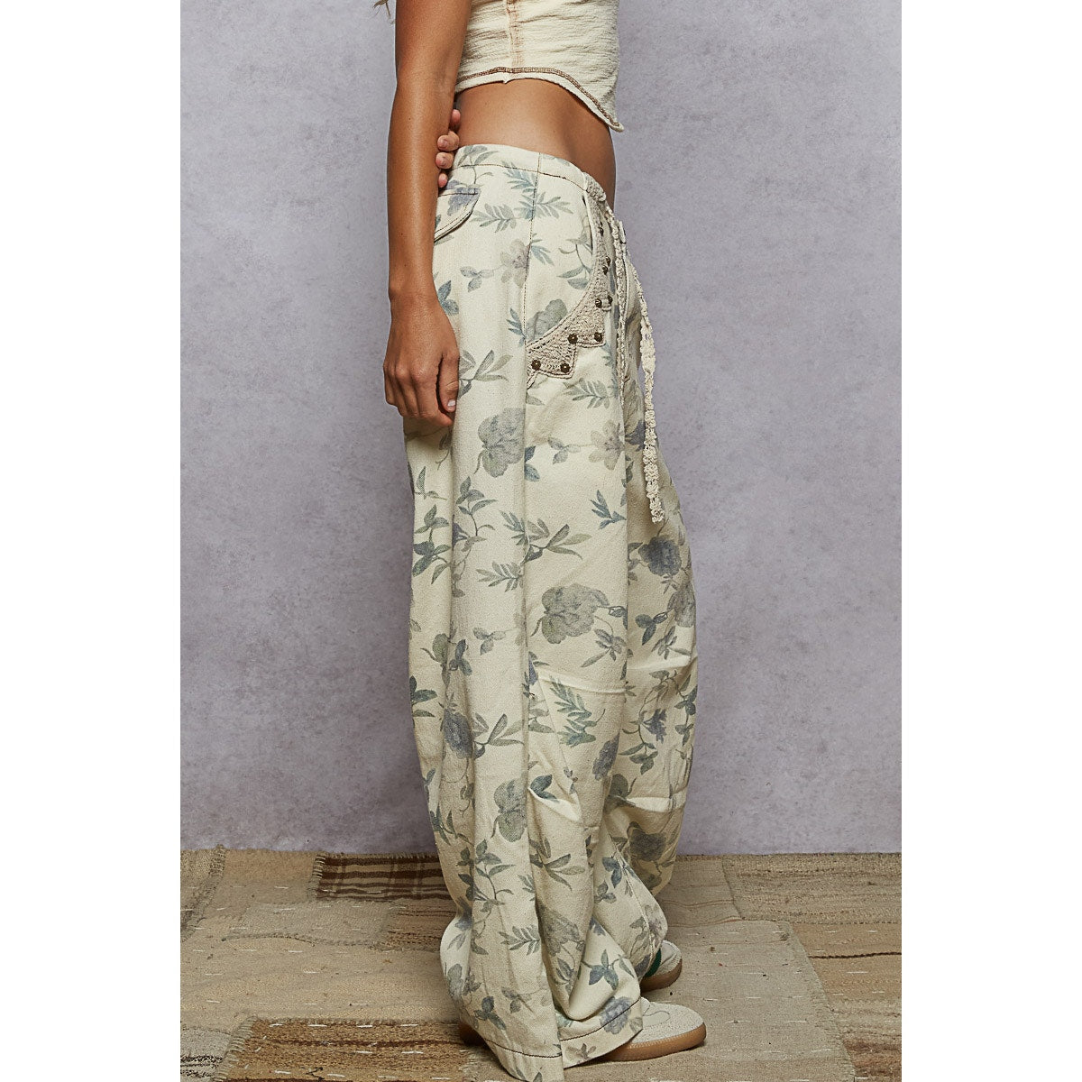 Cream Floral Lace Drawstring Detail Printed Twill Woven Pants