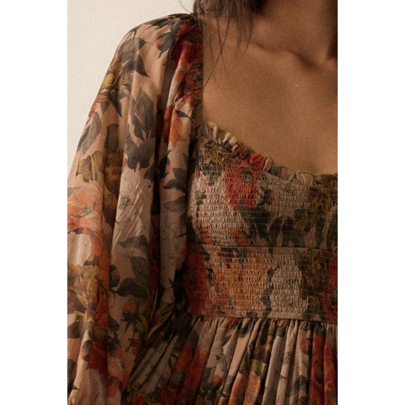 Sand Floral Smocked Three-Quarter Sleeve Maxi Dress