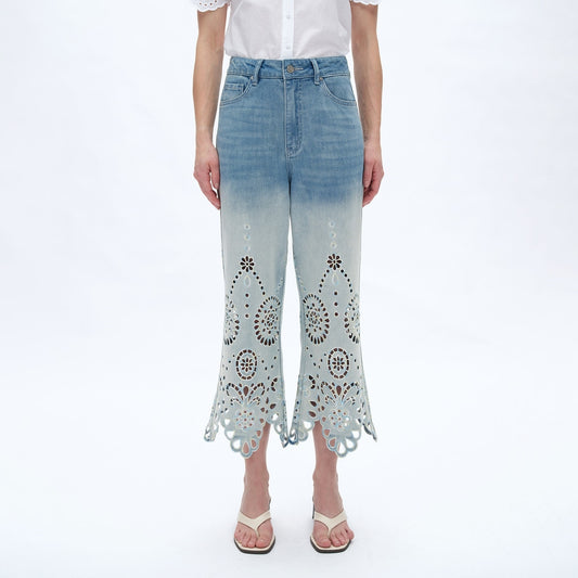 Ultra High Rise Embroidered Wide Leg Denim Jeans