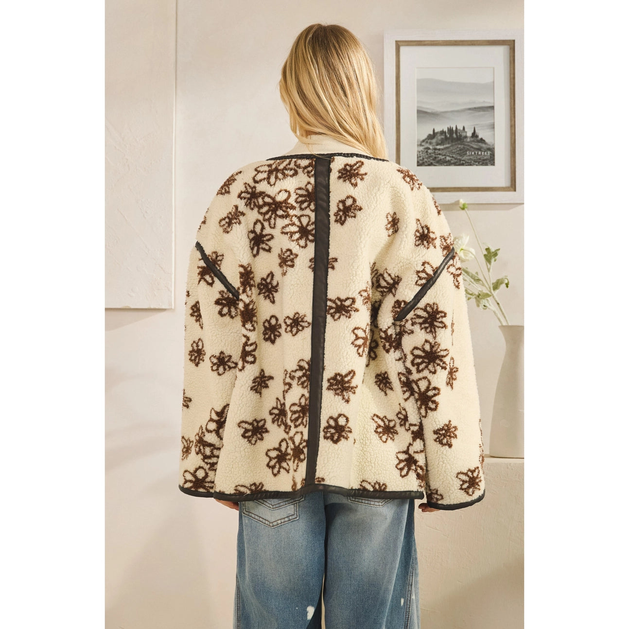 Oversized Floral Front Button Metal Clasp Jacket
