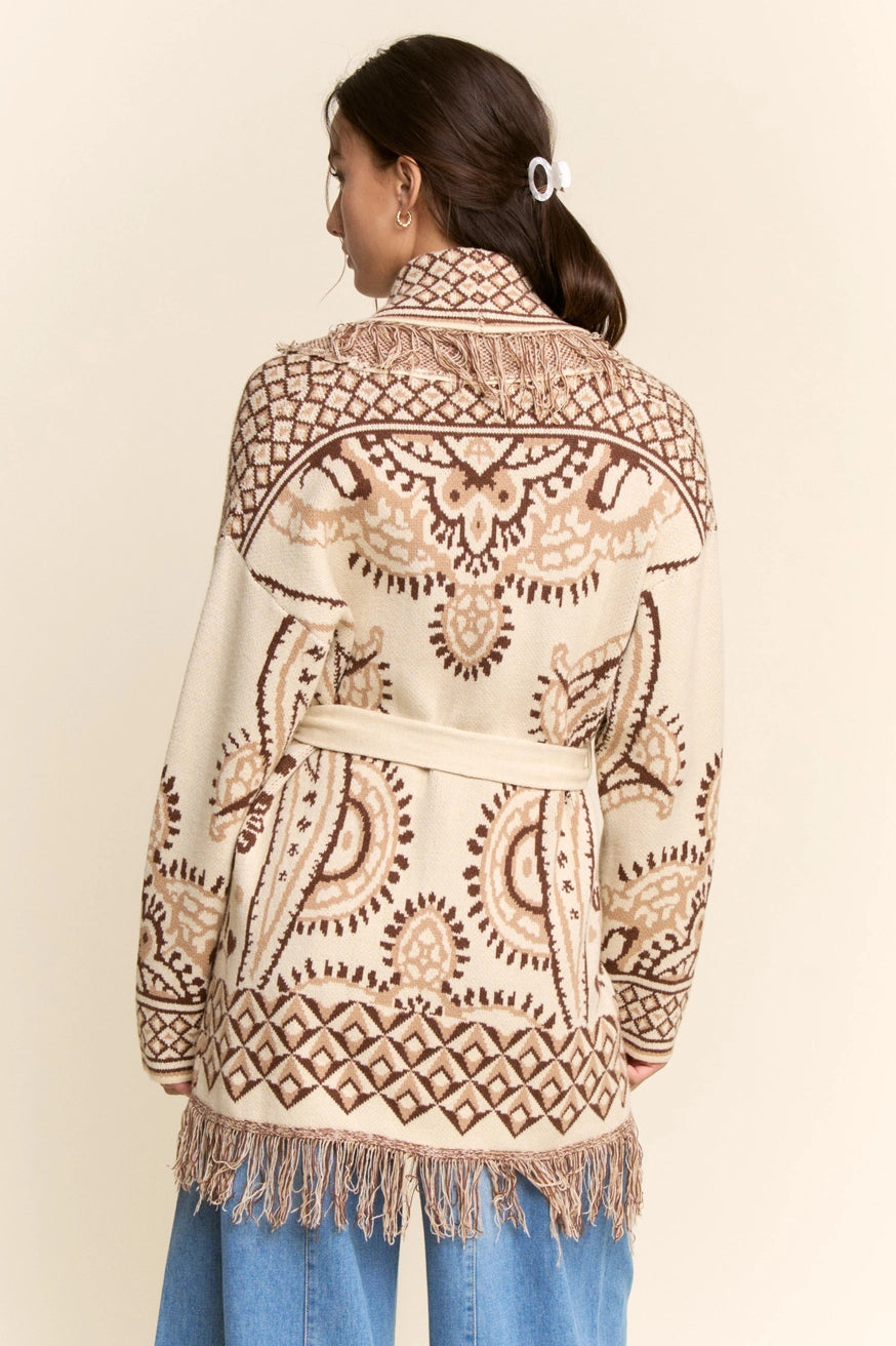 Fringe Trim Jacquard Knit Belted Cardigan