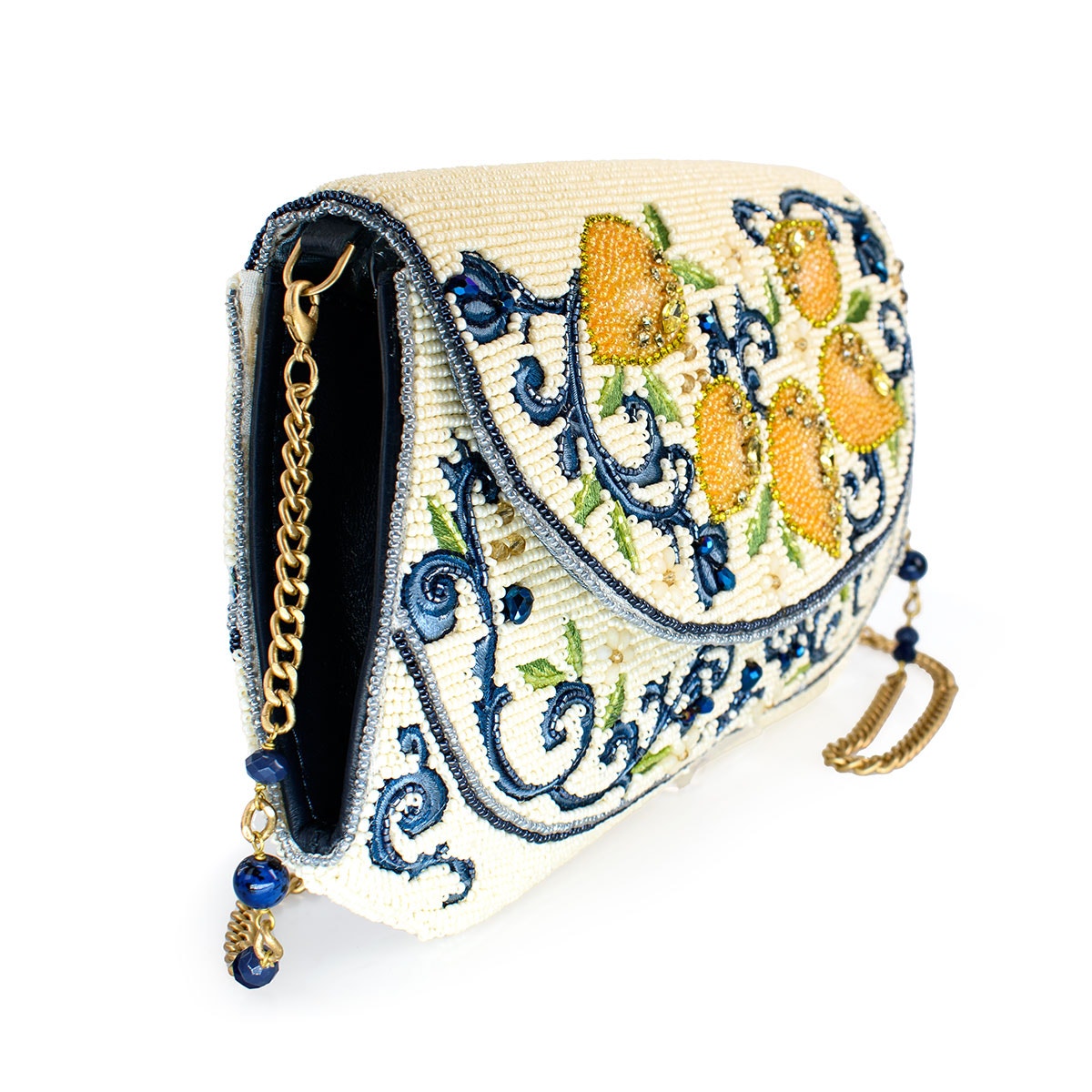 Mary Frances Capri Lemons Yellow and Blue Beaded Crossbody Handbag
