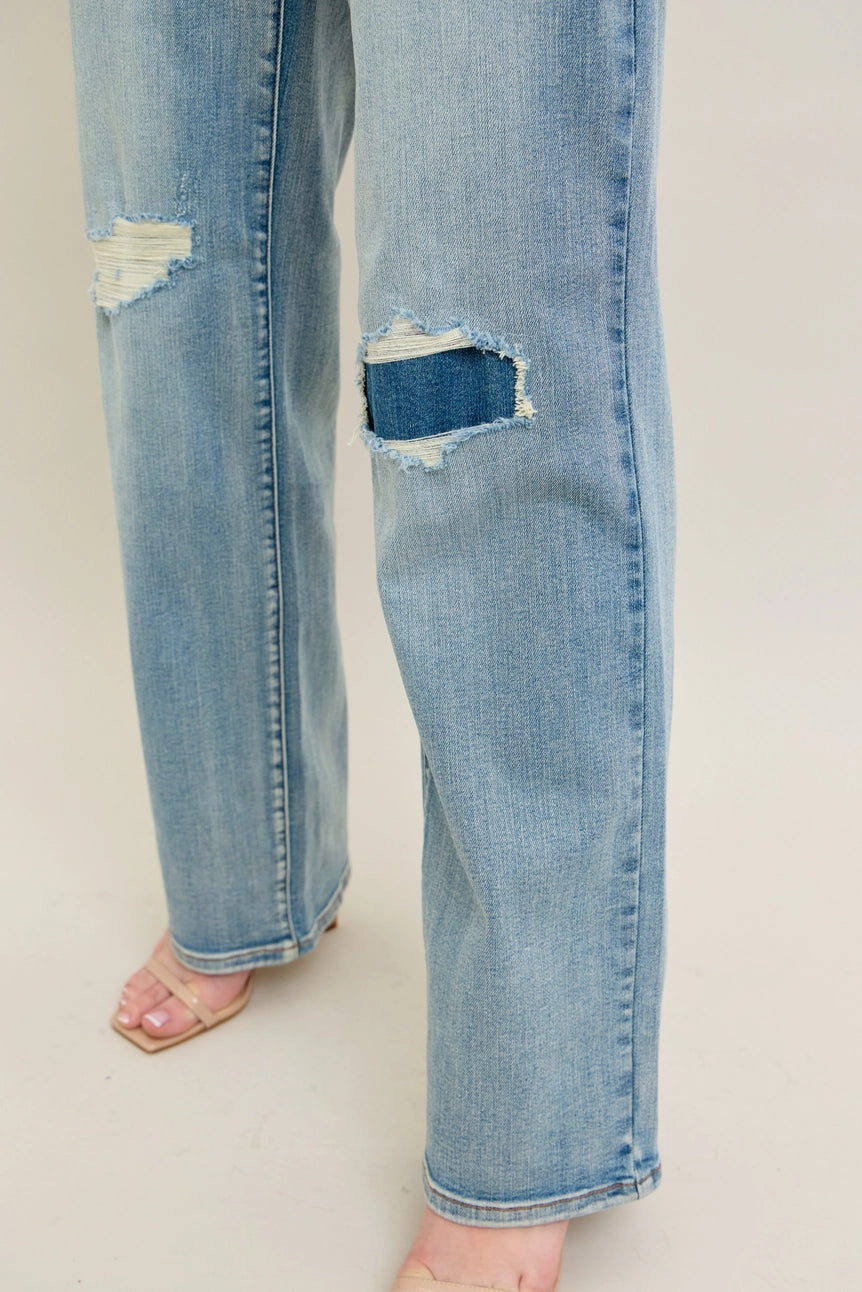 High Waisted Distressed & Knee Patch Straight Jeans