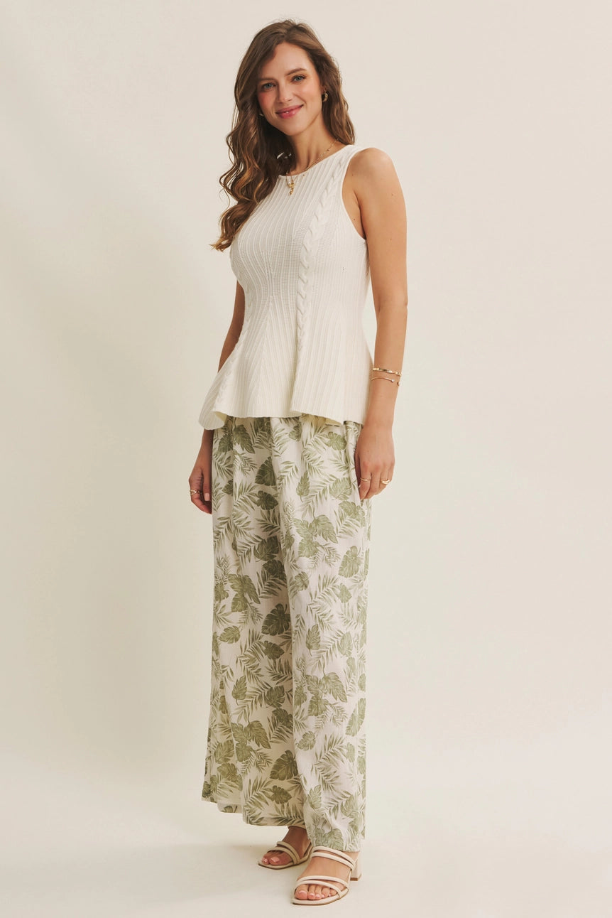 Dusty Sage Summer Days Tropical Palm Leaf Wide-Leg Woven Pants
