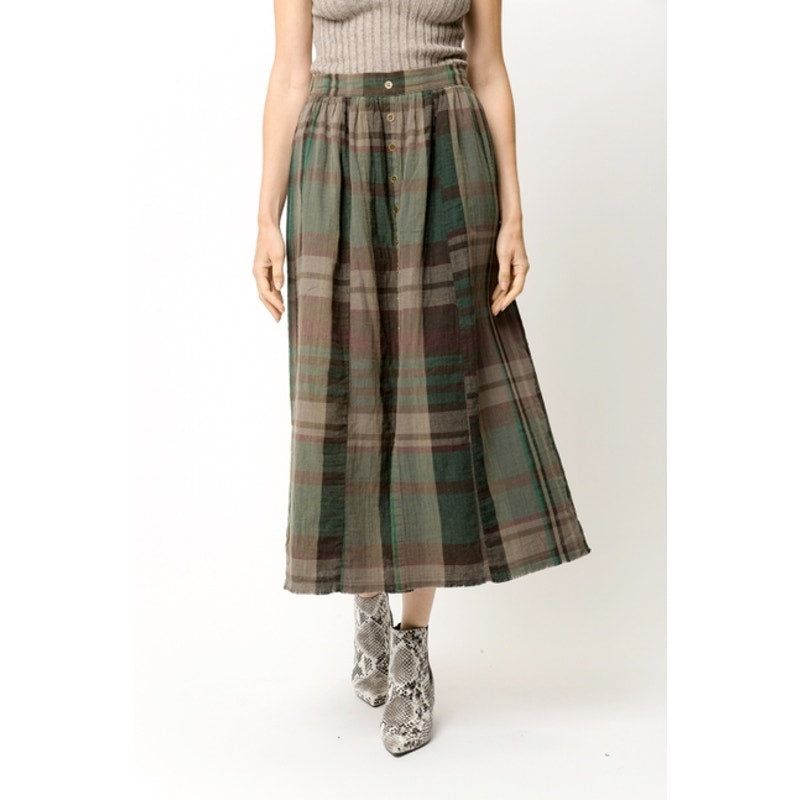 Acid Wash Plaid Front Button Skirt