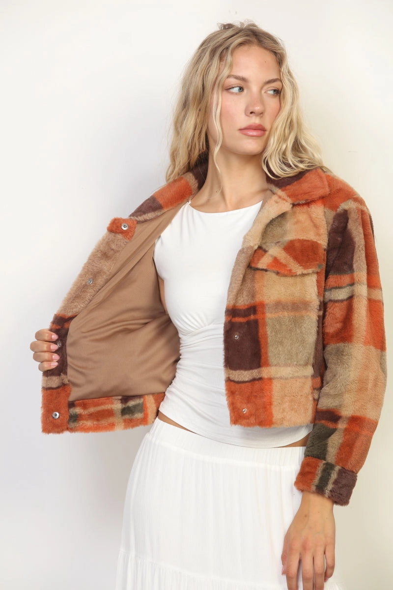 Rust Plaid Faux Fur Jacket