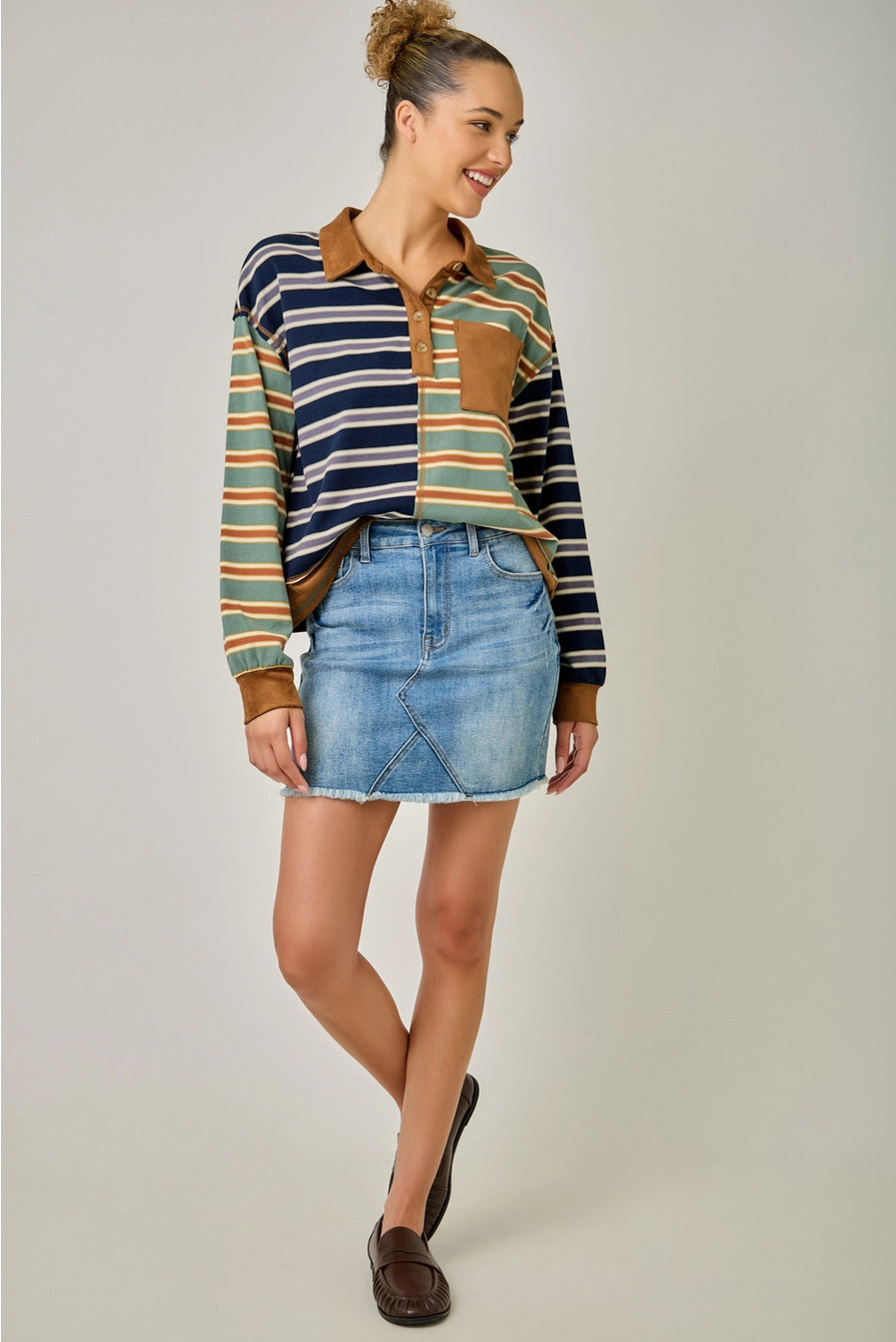 Mixed Stripe Suede Accent Polo Pullover