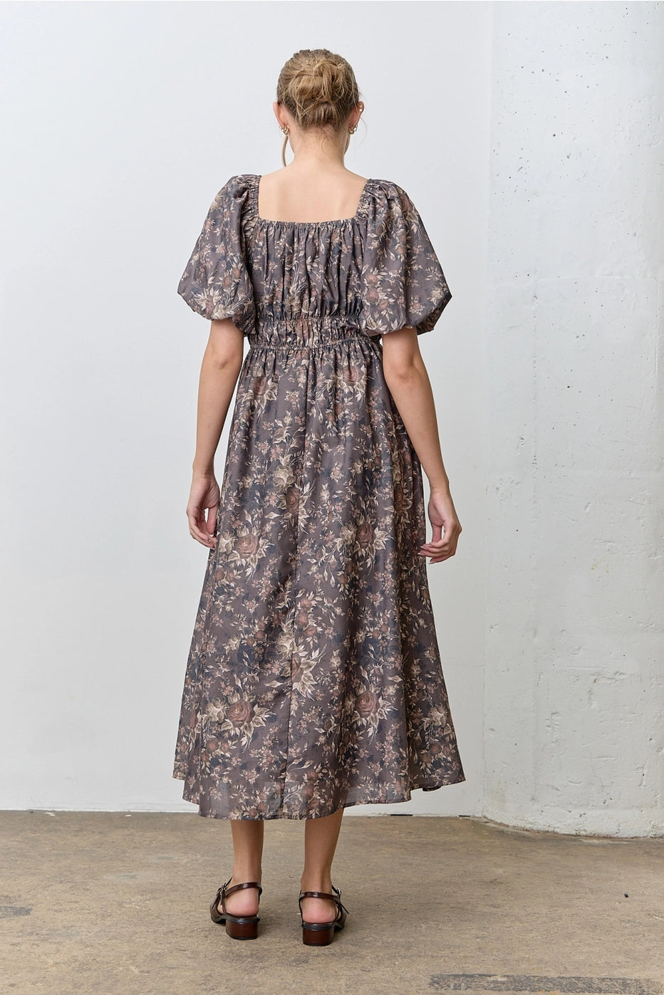 Dark Gray Floral Print Midi Dress