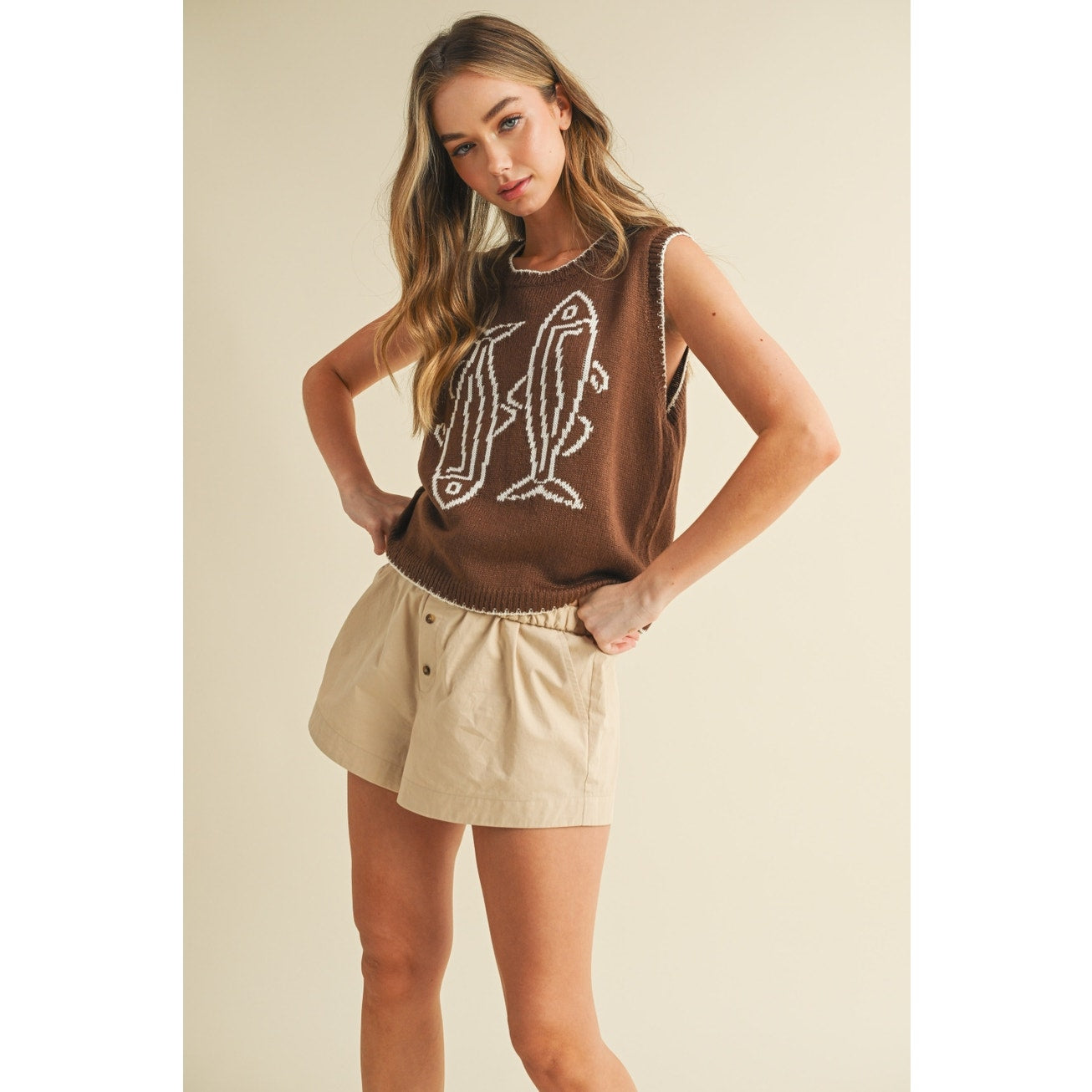Brown & Cream Fish Printed Sleeveless Sweater Top