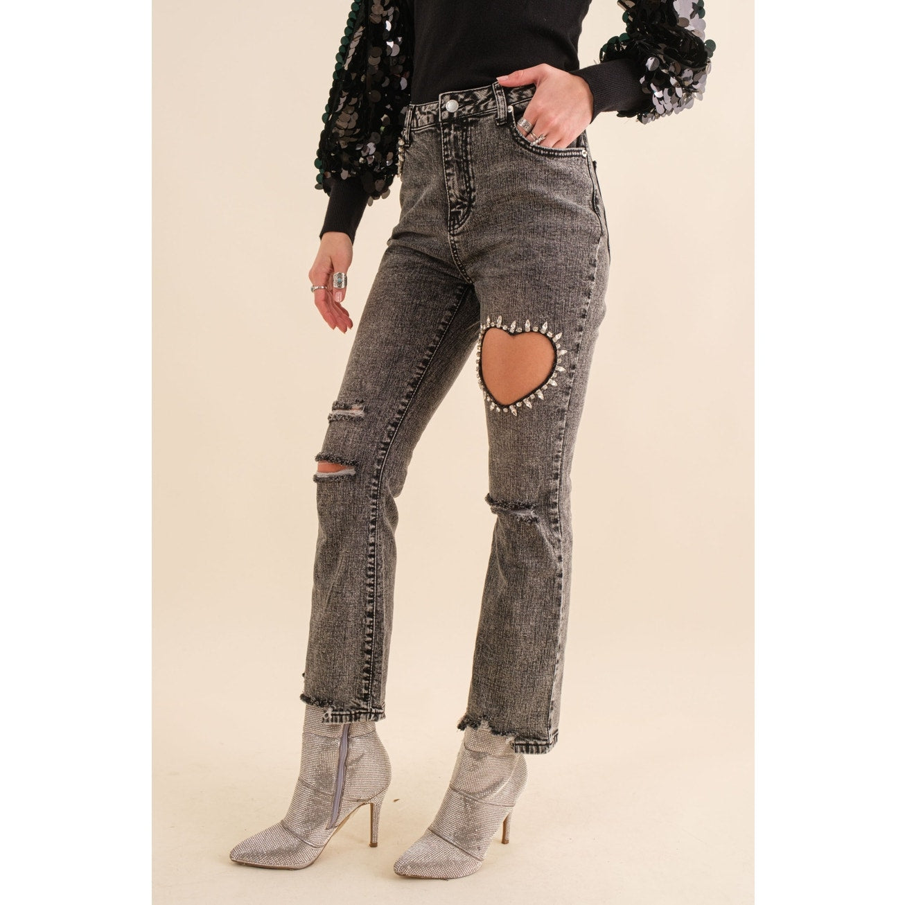 Charcoal Crop Stretch Ankle Button Heart Cut Out Denim Jeans