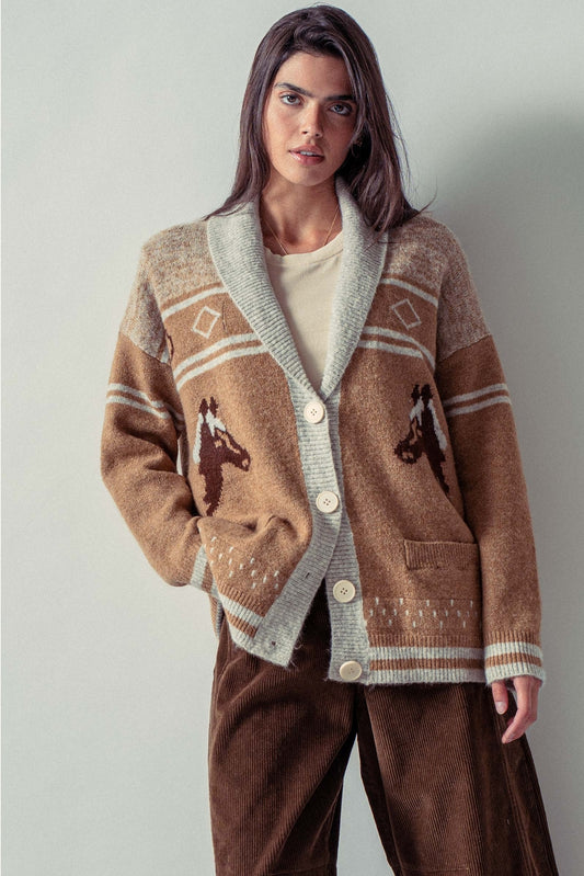 Horse Motif Shawl Collar Cardigan