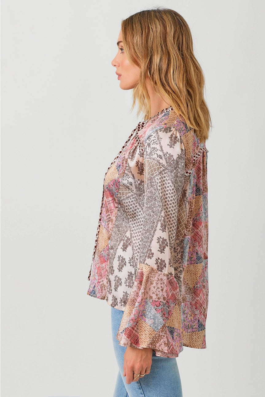 Mixed Print Bell Sleeve Shirt