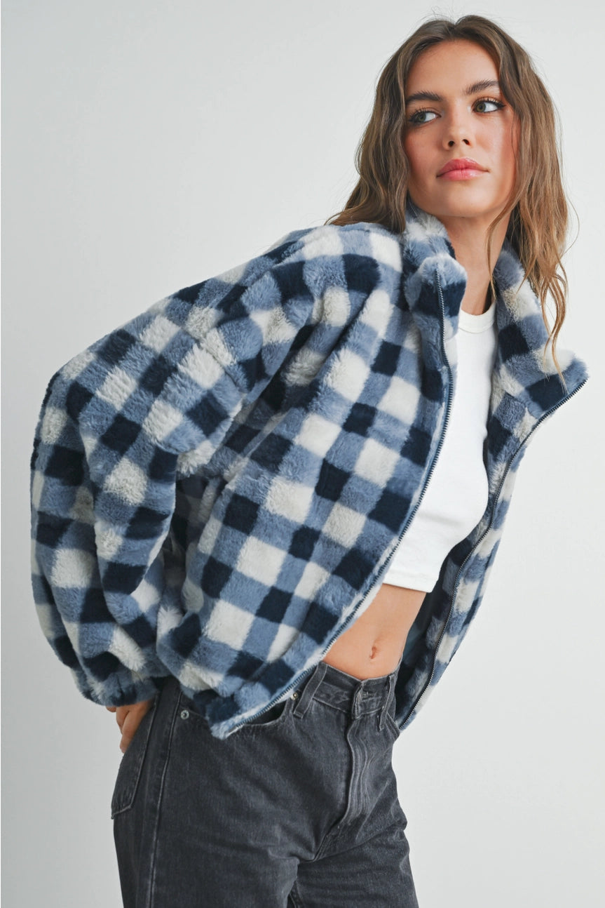 Picnic Drop Shoulder Plaid Fuzzy Jacket